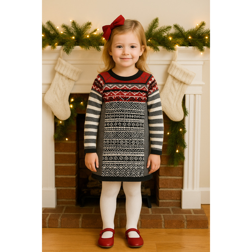 Hanna Andersson Snow & Tell Sweater Dress Grey Multi Size 5 | 110 cm Fair Isle